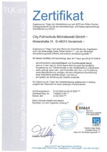 AZAV Zertifikat zur Dokumentation des Status als anerkannter Bildungsträger