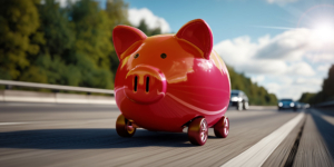 Sparschwein auf Rädern als Symbol für Führerscheinkosten